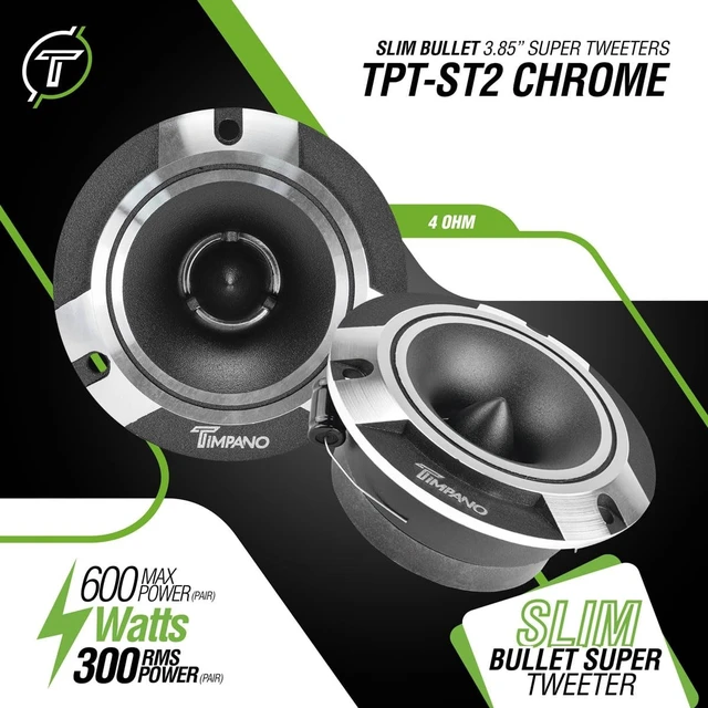 Alt view image 2 of 5 - Timpano TPT-ST2 Chrome Slim Super Tweeter, 600 Watts 4 Ohm, 105 dB, 1 in Voice Coil, 3.85 inch Pro Car Sound System Bullet Tweeters (Pair)