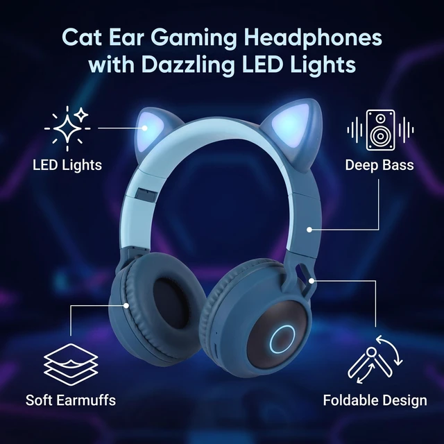 Alt view image 4 of 5 - SUNGOOYUE LX-028 Cat Ear Gaming Headphones with LED Lights, 5.0, 40mm Drivers, Foldable Design, Protein Foam Earmuffs, Builtin Mic, for Gaming and Music (Blue Green)