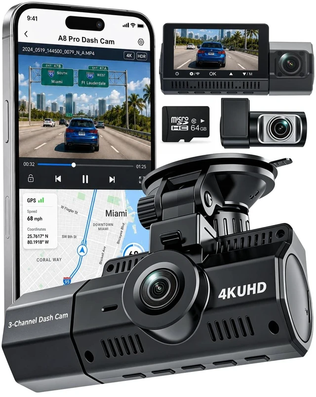 Main image of Eivikga 3 Channel Dash Cam, 4K+2.5K+2.5K, WiFi GPS, for Rideshare and Taxi