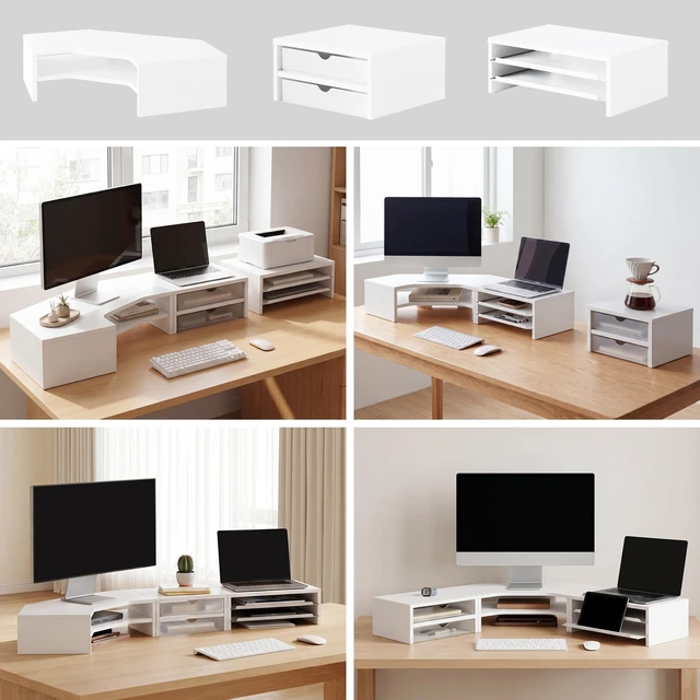 Alt view image 4 of 5 - Fenge Dual Monitor Stand, Corner Desk Shelf with Drawer & Slide-Out Tray