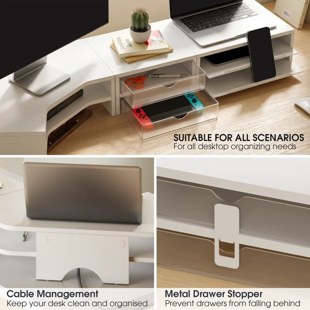 Alt view image 5 of 5 - Fenge Dual Monitor Stand, Corner Desk Shelf with Drawer & Slide-Out Tray