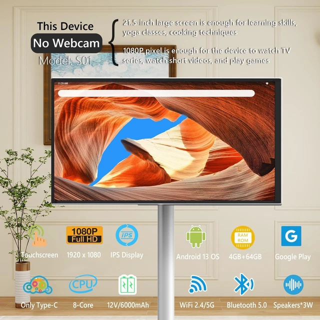 Alt view image 2 of 5 - 21.5" FHD Portable Smart TV on Wheels, Android 13 OS,4GB+64GB (White)