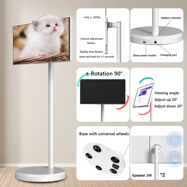 Alt view image 5 of 5 - 21.5" FHD Portable Smart TV on Wheels, Android 13 OS,4GB+64GB (White)