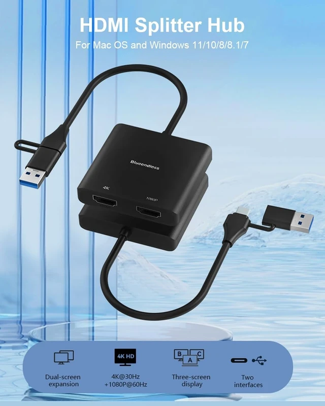 Alt view image 3 of 5 - BKELHS USB 3.0 to Dual HDMI Adapter, USB to 2 HDMI Multiple Monitor 4K 1080P 60HZ Full HD Audio Video Graphics Converter Cable Laptop Splitter Extended Display Dual Screens Desktop for Windows Mac OS