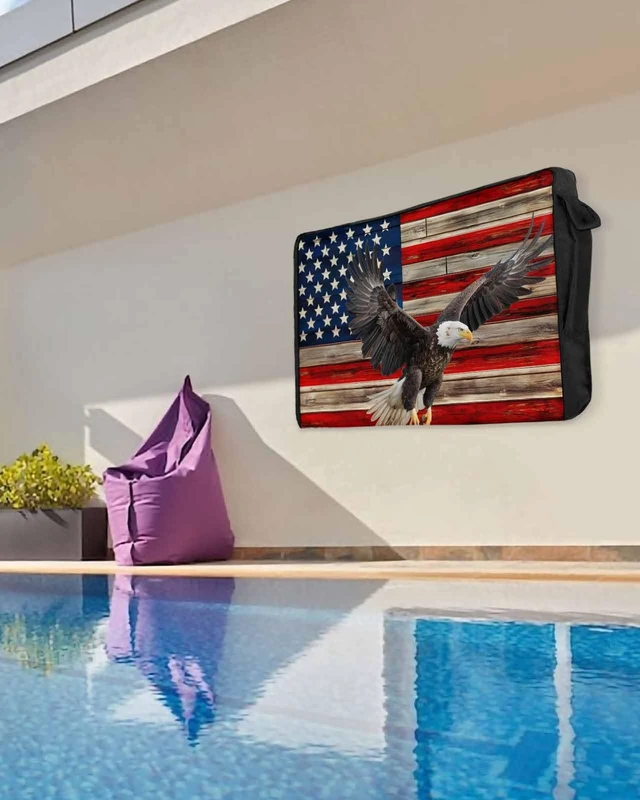 Alt view image 5 of 5 - DecorLovee Retro American Flag Outdoor TV Cover 80 to 85 Inches Weatherproof & Waterproof, Blue Red USA Flag Outdoor TV Enclosure with Remote Control Pocket, Eagle TV Screen Protectors for Outside TV