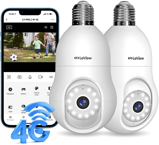 Main image of LaView 4G LTE Cellular Light Bulb Security Camera,3602K Security Cameras Wireless Outdoor Indoor 4MP Full Color Day and Night,Motion Detection, Audible Alarm,Easy Installation (2PK)