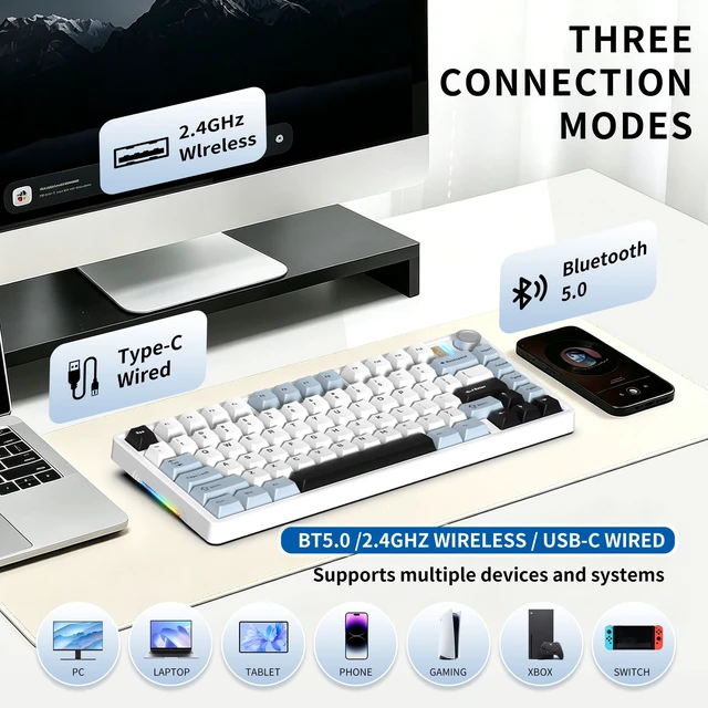 Alt view image 2 of 5 - 7KEYS BJ75 Wireless Mechanical Keyboard, Bluetooth Rechareable