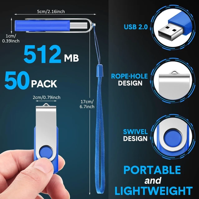 Alt view image 2 of 5 - Outus 50 Pack USB 2.0 Flash Drives Bulk, Blue Swivel with Lanyards,512 MB