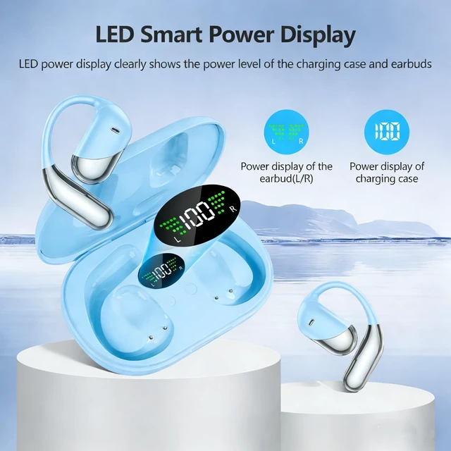 Alt view image 3 of 5 - Aurotlu Open Ear Wireless Earbuds Headphones, Bluetooth Built-in Mic,Waterproof, LED Display Charging Case,on Ear Hooks Clip Ear BudsUltra-Comfort Earphones Design for Running/Workout/Sport/Off