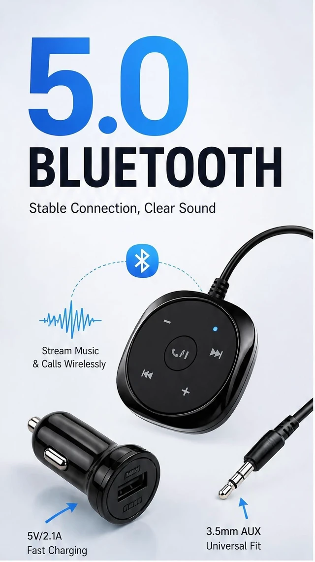 Alt view image 2 of 5 - Bluetooth Car Kit, 5.0 Audio Receiver Handsfree Calling, 5V 2.1A USB