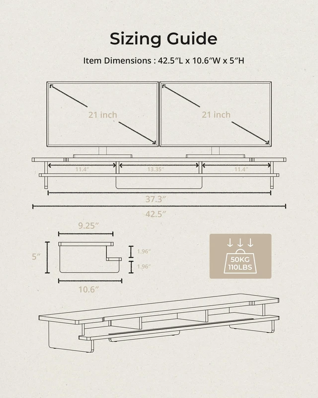 Alt view image 5 of 5 - WELL WENG 42.5 Dual Monitor Stand with Phone & Tablet Holder Desk Shelf