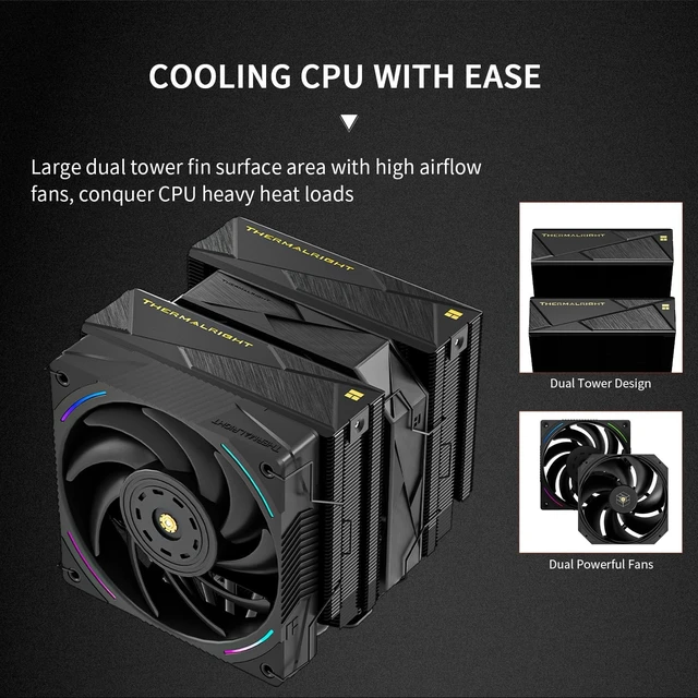 Alt view image 4 of 5 - Thermalright TR Royal Pretor 130 Ultra Black CPU Air Cooler,7 Heat Pipes Dual Towers Cooler-Brushed Top Cover, for Intel lga1700/1851/2011/115X,AM5, Double PWM Fans,up to 2150RPM,Black