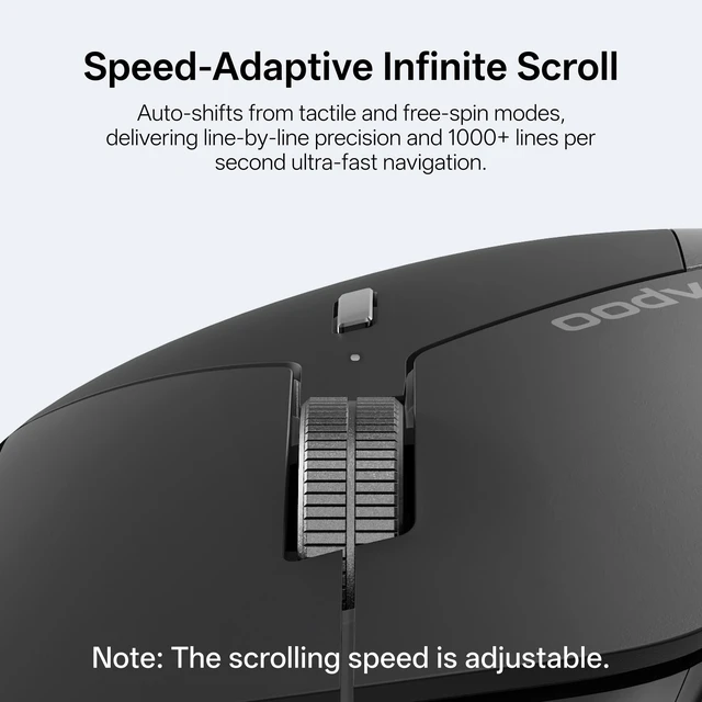 Alt view image 2 of 5 - Rapoo MT760 Infinity Wireless Mouse with Infinite Scroll & Onboard Memory, Bluetooth + 2.4G Multi-device, 1000Hz Polling Rate, Silent Clicks, Macro Enabled, for Windows, Mac OS, Linux, Chrome,