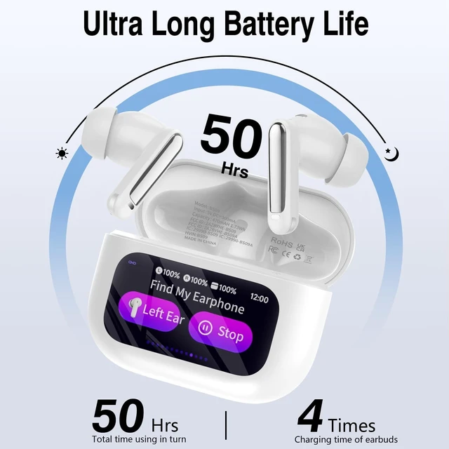 Alt view image 5 of 5 - Wireless Earbuds, Bluetooth 5.4 Headphones with Multifunctional Touch Screen, 48H Bass Stereo Ear Buds with ANC/ENC Noise Cancelling/Transparency Mode, IPX7 Earphones with 5 EQ Modes, Milky Whi
