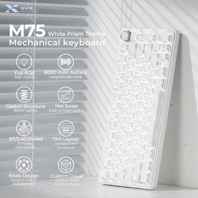 Alt view image 2 of 5 - XVX 75% Wireless Mechanical Gaming Keyboard with Knob, M75 Creamy Keyboards