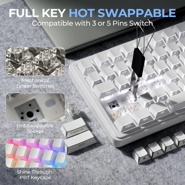 Alt view image 4 of 5 - XVX 75% Wireless Mechanical Gaming Keyboard with Knob, M75 Creamy Keyboards