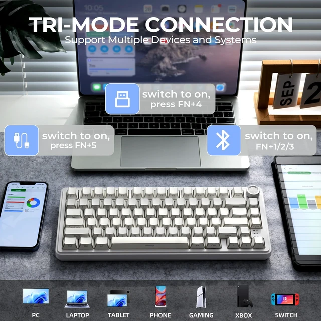 Alt view image 3 of 5 - XVX 75% Wireless Mechanical Gaming Keyboard with Knob, M75 Creamy Keyboards