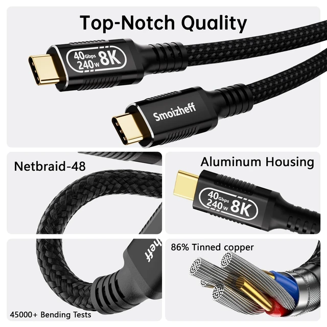 Alt view image 5 of 5 - Smoizheff USB-C to USB-C Cable Supporting USB4 & Thunderbolt 4 40Gbps Data Transfer, 240W Fast Charging, 8K Video for Laptop, Tablet, Docking Station,Monitor,SSD 10ft/3m