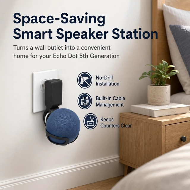 Alt view image 2 of 5 - splash n color Outlet Mount for Echo Dot 5th Generation Space-Saving Wall Socket Holder ^^ No-Drill Installation ^^ Built-in Cable Management for Smart Home Speaker Accessories