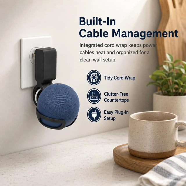 Alt view image 3 of 5 - splash n color Outlet Mount for Echo Dot 5th Generation Space-Saving Wall Socket Holder ^^ No-Drill Installation ^^ Built-in Cable Management for Smart Home Speaker Accessories