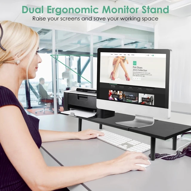 Alt view image 3 of 5 - LOTEYIKE Dual Monitor Stand for 2 Monitors, Large TV Riser with Adjustable Length Desk Shelf Organizer, Computer Monitor Stand for Desktop, Computer,Laptop,Screen,Printer (Black Color)