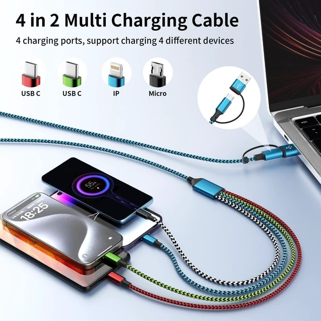 Alt view image 2 of 5 - 4 in 2 Multi Charging Cable, USBA/C Universal Charging Cords 4 Pack 5FT
