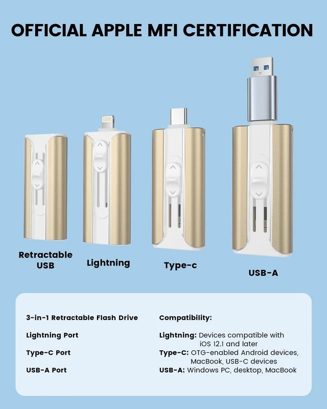 Alt view image 2 of 5 - MFI Certified 512GB Flash Drive Photo Stick and USB Stick Offers Photo/Video Storage, The External Storage is Compatible with iOS, Android, and Pc,1 Pack (Gold)(Available Space: ~484GB)