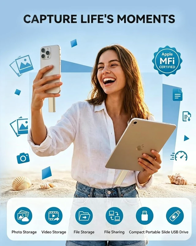 Alt view image 5 of 5 - MFI Certified 512GB Flash Drive Photo Stick and USB Stick Offers Photo/Video Storage, The External Storage is Compatible with iOS, Android, and Pc,1 Pack (Gold)(Available Space: ~484GB)