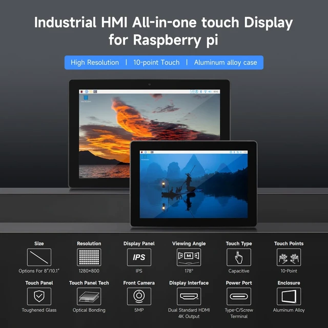 Alt view image 3 of 5 - waveshare Industrial HMI All-in-one 10.1inch Touch Display, Compatible with Raspberry Pi (Not Included), Supports Dual 4K HDMI Output, 10-Point Touch, Aluminum Alloy Case, Efficient Heat Dissipation