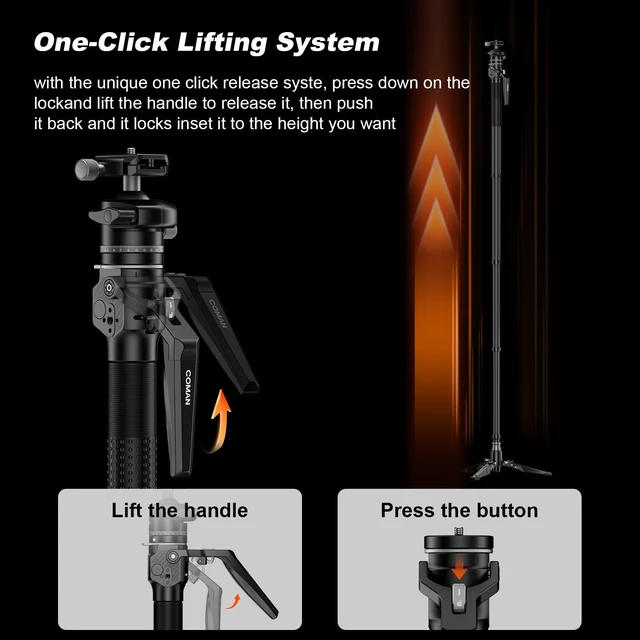 Alt view image 2 of 5 - COMAN M1mini Carbon Fiber Monopod for Camera, 4-Section One-Button Lifting, Compact Portable Monopod with A32 Ball Head for Camera, Outdoor Travel Photography, Max Load 5kg, M1mini-A32