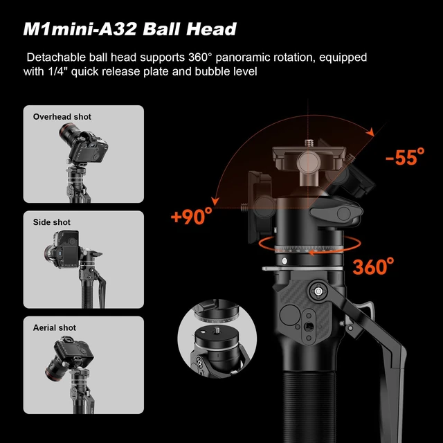 Alt view image 3 of 5 - COMAN M1mini Carbon Fiber Monopod for Camera, 4-Section One-Button Lifting, Compact Portable Monopod with A32 Ball Head for Camera, Outdoor Travel Photography, Max Load 5kg, M1mini-A32