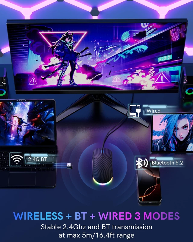 Alt view image 2 of 5 - Typehaven G57 Wireless Gaming Mouse, 8000 DPI, Carbon Fiber Pattern