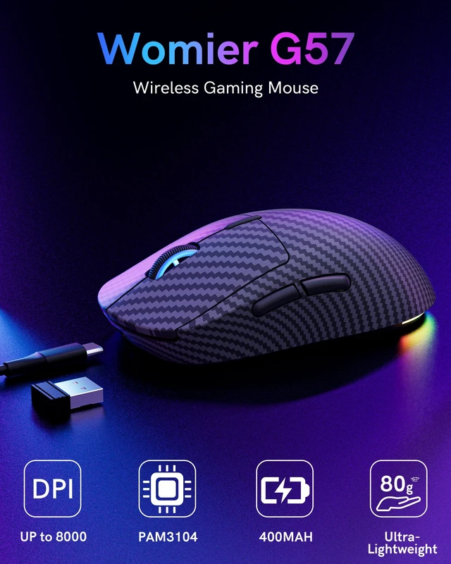 Alt view image 3 of 5 - Typehaven G57 Wireless Gaming Mouse, 8000 DPI, Carbon Fiber Pattern