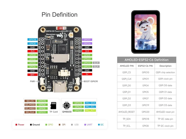 Alt view image 4 of 4 - ESP32-C6 1.64inch AMOLED Touch Display Development Board Supports Wi-Fi 6, BLE 5, and IEEE 802.15.4 (Zigbee 3.0 and Thread), Onboard 280 456 Pixels 16.7M Color Display, 6-Axis IMU, etc.