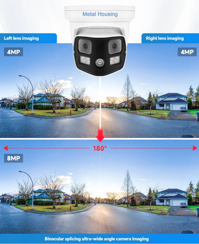 Alt view image 3 of 5 - Real HD 8MP 4K Dual Lens PoE IP Security Camera with Metal Housing, 180 Degree Panoramic Wide Angle, Full Color Night Vision, H.265, IP66, NDAA Compliant