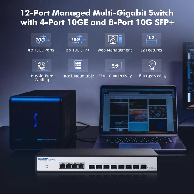 Alt view image 2 of 5 - 12 Port 10Gbps Managed Switch, 8 x 10G SFP+ Slots, 4 x 10G RJ-45 Ports, Support 10G/5G/2.5G/1000M Auto-Negotiation, YuLinca Smart Web Managed Rackmout Switch