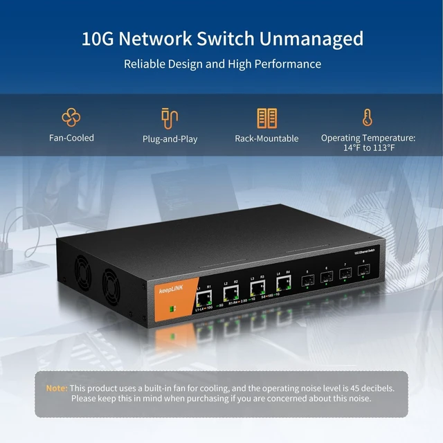 Alt view image 3 of 5 - keepLiNK 8 Port 10G Ethernet Switch Unmanaged, 4 x RJ45 Ports, 4 x SFP+ Slots, 10Gbps Network Switch for NAS, PC, WiFi7 Router, Adapter/NIC Metal Case