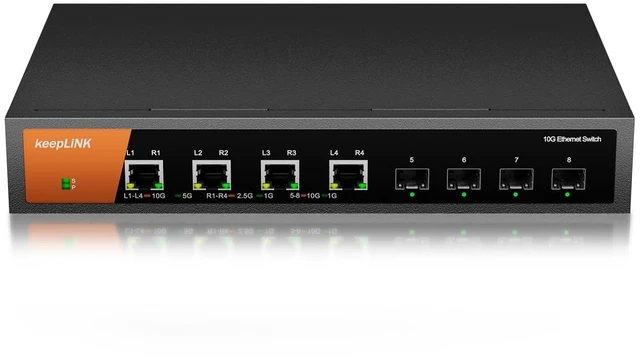 Main image of keepLiNK 8 Port 10G Ethernet Switch Unmanaged, 4 x RJ45 Ports, 4 x SFP+ Slots, 10Gbps Network Switch for NAS, PC, WiFi7 Router, Adapter/NIC Metal Case