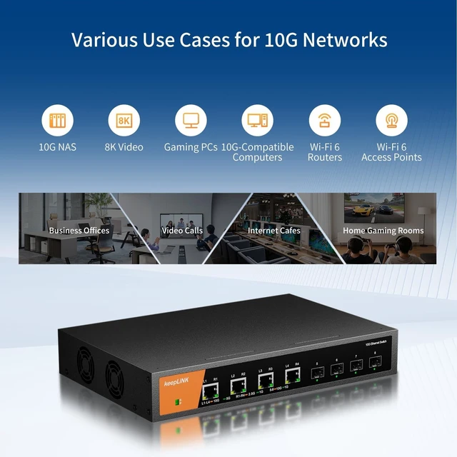 Alt view image 5 of 5 - keepLiNK 8 Port 10G Ethernet Switch Unmanaged, 4 x RJ45 Ports, 4 x SFP+ Slots, 10Gbps Network Switch for NAS, PC, WiFi7 Router, Adapter/NIC Metal Case