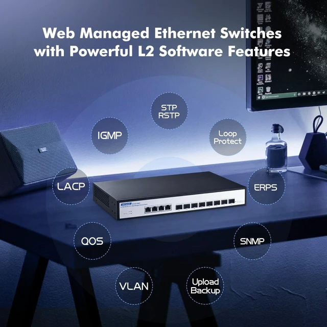Alt view image 4 of 5 - 12 Port 10Gbps Managed Switch, 8 x 10G SFP+ Slots, 4 x 10G RJ-45 Ports, Support 10G/5G/2.5G/1000M Auto-Negotiation, YuLinca Smart Web Managed Rackmout Switch