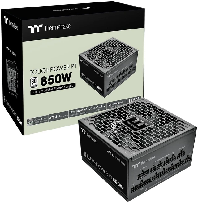 Main image of Thermaltake Toughpower PT 850W; ATX 3.1; Native PCIe 5.1 12V-2x6; Etched Flat Cables; Dual-Color H++ Connectors; 100% Japanese Capacitors; 135mm Fan; 80 Plus Platinum; Black; PS-TPP-0850FNFA