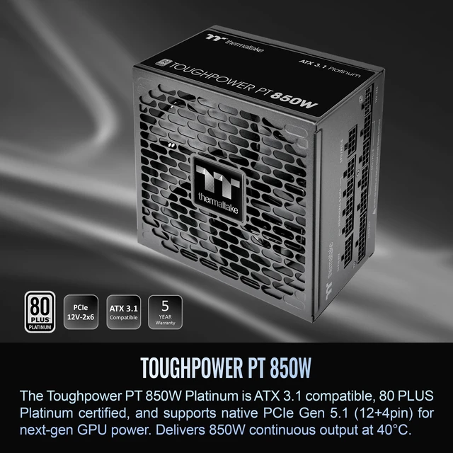 Alt view image 2 of 5 - Thermaltake Toughpower PT 850W; ATX 3.1; Native PCIe 5.1 12V-2x6; Etched Flat Cables; Dual-Color H++ Connectors; 100% Japanese Capacitors; 135mm Fan; 80 Plus Platinum; Black; PS-TPP-0850FNFA