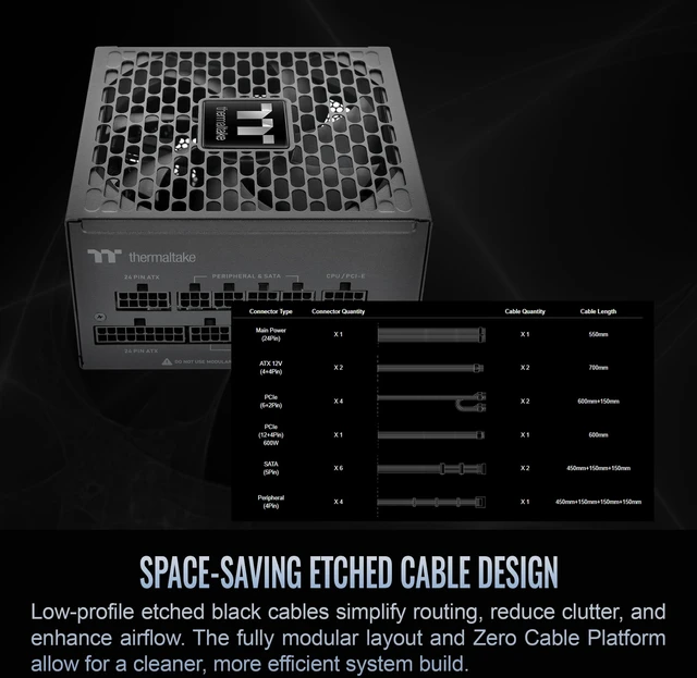 Alt view image 4 of 5 - Thermaltake Toughpower PT 850W; ATX 3.1; Native PCIe 5.1 12V-2x6; Etched Flat Cables; Dual-Color H++ Connectors; 100% Japanese Capacitors; 135mm Fan; 80 Plus Platinum; Black; PS-TPP-0850FNFA