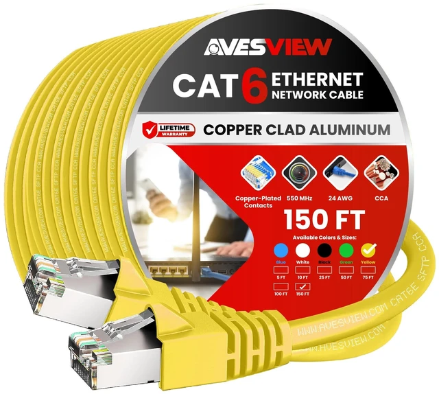 Main image of AvesView CAT 6 Shielded Ethernet Cable 150 FT, Indoor High-Speed (SFTP) 10Gbps Snagless Shielded 150FT Ethernet Cable for Internet, Router, Computer, PlayStation, Xbox, POE Camera, Printer - Yellow