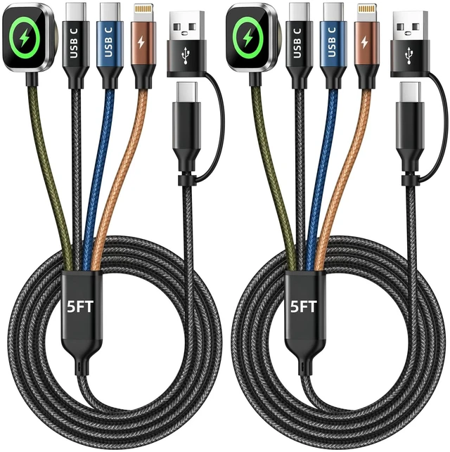 Main image of Travel Essentials 4 in 2 Multi Charging Cable for iWatch Charger 2Pack,5FT
