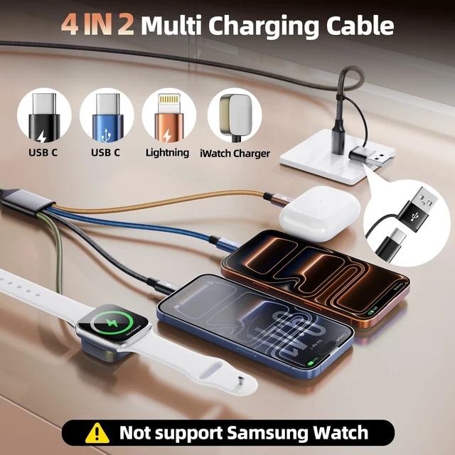 Alt view image 2 of 5 - Travel Essentials 4 in 2 Multi Charging Cable for iWatch Charger 2Pack,5FT