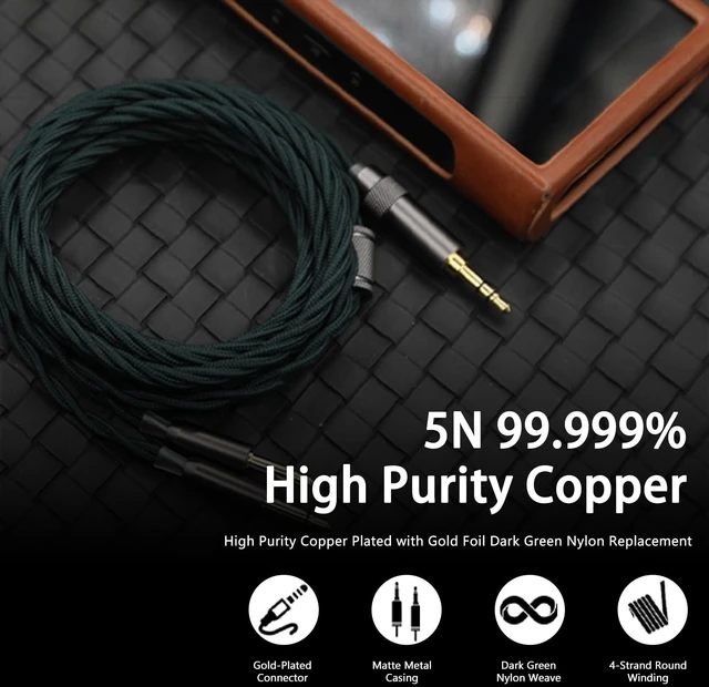 Alt view image 3 of 5 - Elihp Headphone Cable, 5N High Purity Copper Plated with Gold Foil, 2.5m, Dark Green Nylon, Dual 3.5mm to 4.4mm Balanced, Compatible with Hifiman Sundara, Ananda, Arya, He400se