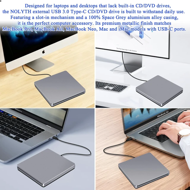 Alt view image 3 of 5 - NOLYTH USB-C SuperDrive for Mac Slot-in DVD +/-RW Drive Aluminum Space Grey