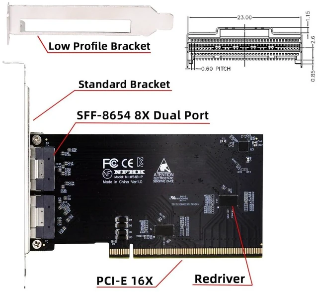 Alt view image 5 of 5 - Dual Slimline SFF-8654 8X 74Pin External to PCIE 16X Express 5.0 PCIE4.0 Raid Card VROC Raid Adapter with Linear Redriver Over Long Cable Lengths