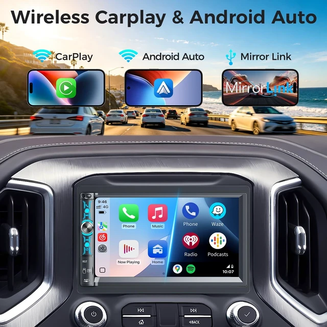 Alt view image 2 of 5 - Kissound 7" Double Din Car Stereo with 7" Touchscreen, Wireless Apple Carplay & Android Auto, Bluetooth, Backup Camera, 240W, SWC, Subwoofer, FM/AM Car Audio